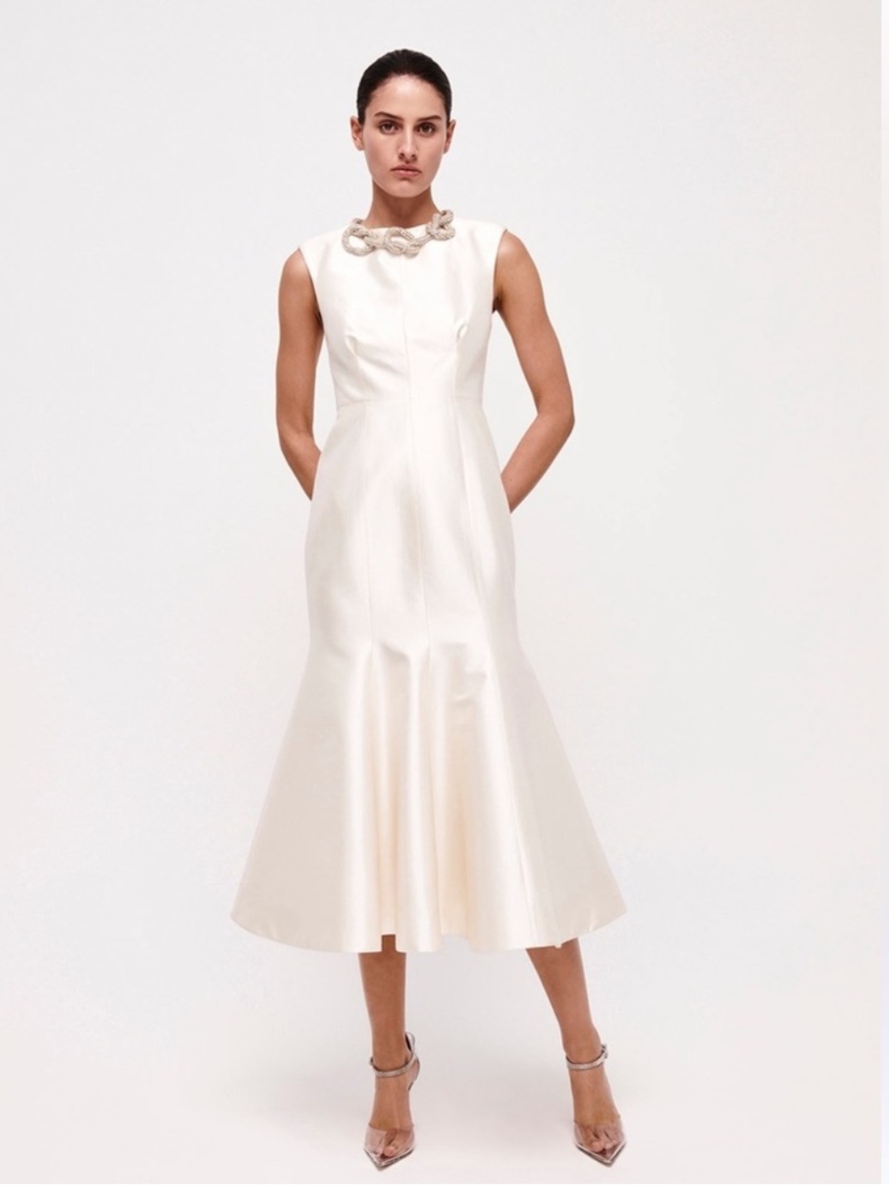 NWT Rachel Gilbert Ivory Sleeveless Midi Dress with Flared Hem